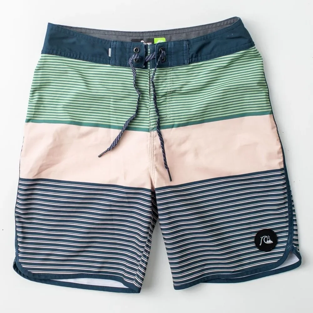 Quiksilver Highline Board Shorts Youth Boys 28/14 Green Blue Striped Surf Swim